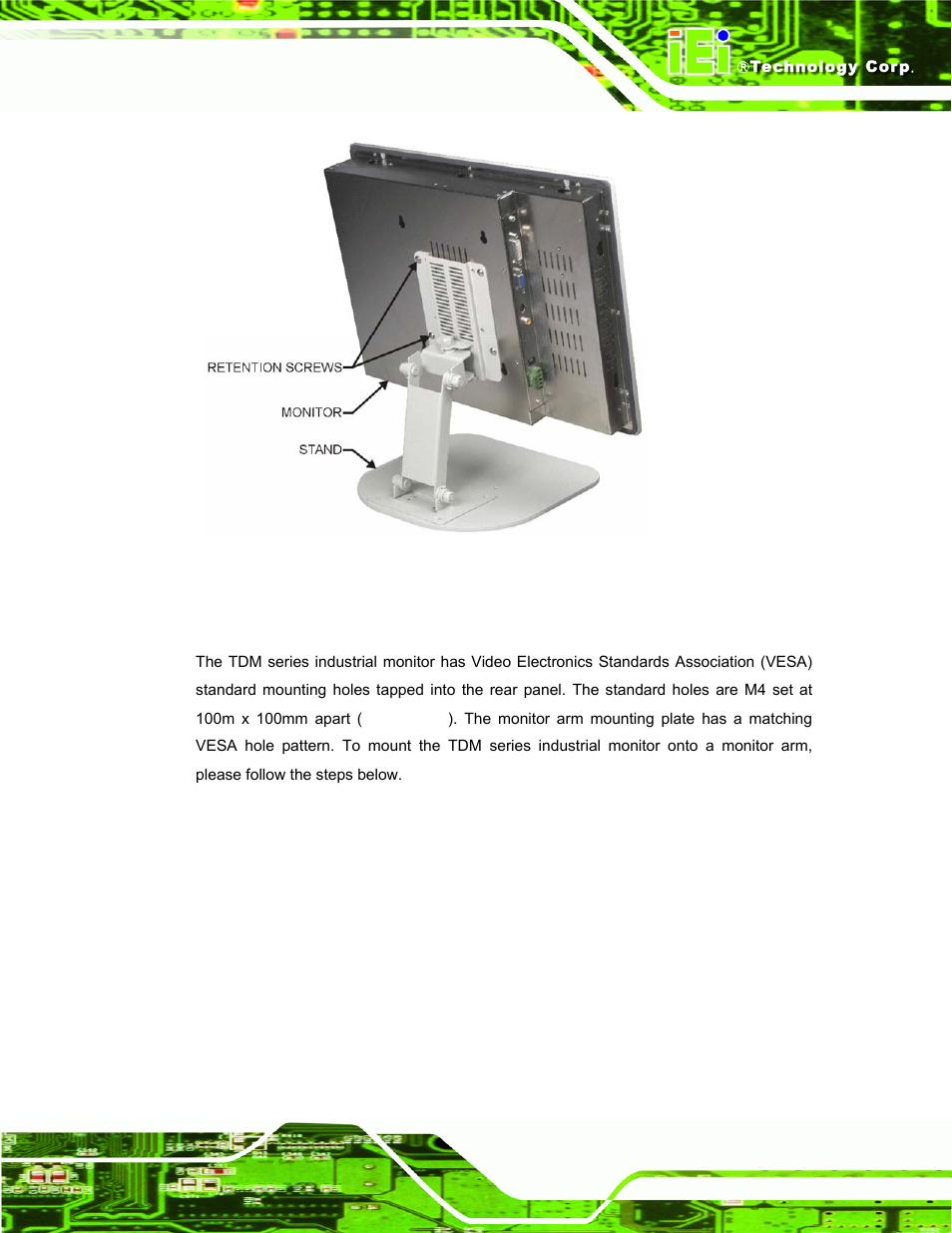 5 monitor arm installation, Figure 4-16: monitor stand mounting | IEI Integration TDM_Series v2.01 User Manual | Page 59 / 79