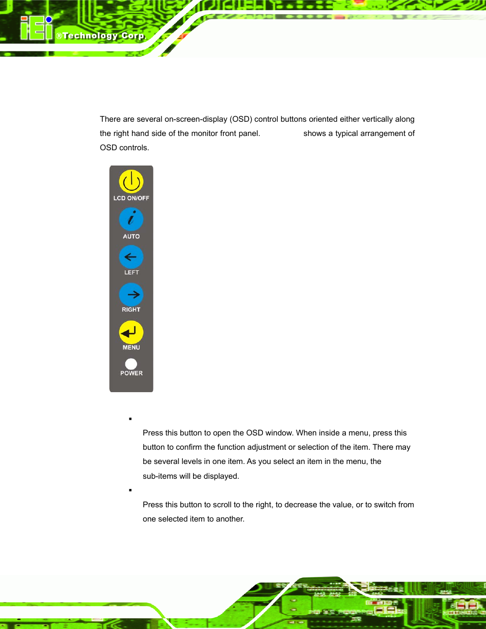 1 user mode osd structure, 1 osd buttons, Tructure | Figure 5-1: osd control buttons for all models | IEI Integration TDM_Series v2.01 User Manual | Page 62 / 79