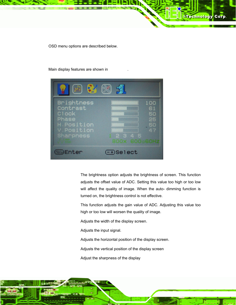 2 using the osd, 1 main display features, Sing the | Figure 5-2: main display features | IEI Integration TDM_Series v2.01 User Manual | Page 65 / 79