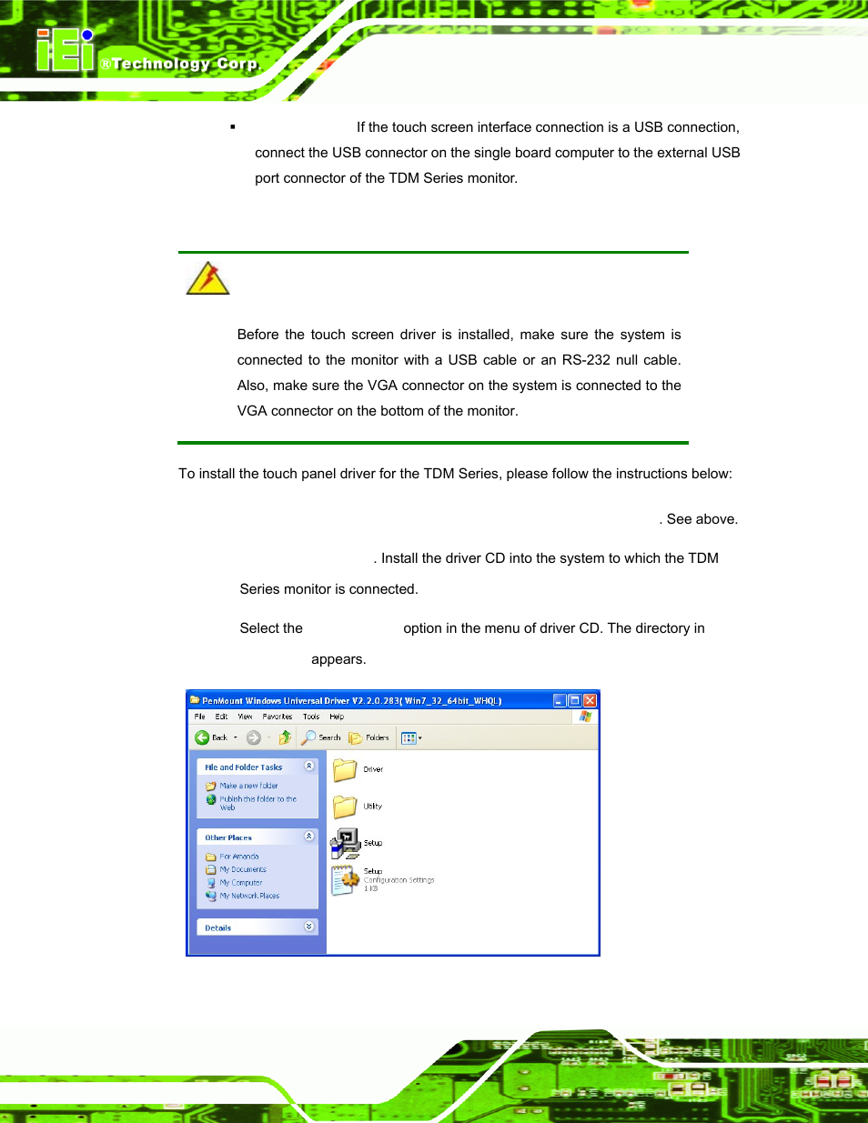 3 touch panel driver installation, Ouch, Anel | River, Nstallation, Figure 6-1: setup icon | IEI Integration TDM_Series v2.01 User Manual | Page 70 / 79
