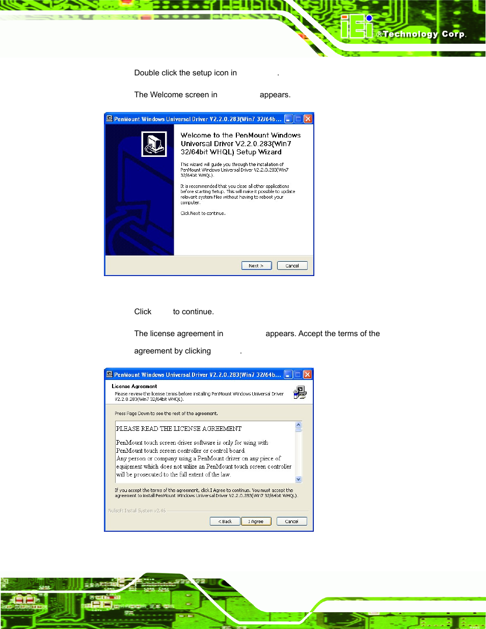 Figure 6-2: welcome screen, Figure 6-3: license agreement | IEI Integration TDM_Series v2.01 User Manual | Page 71 / 79
