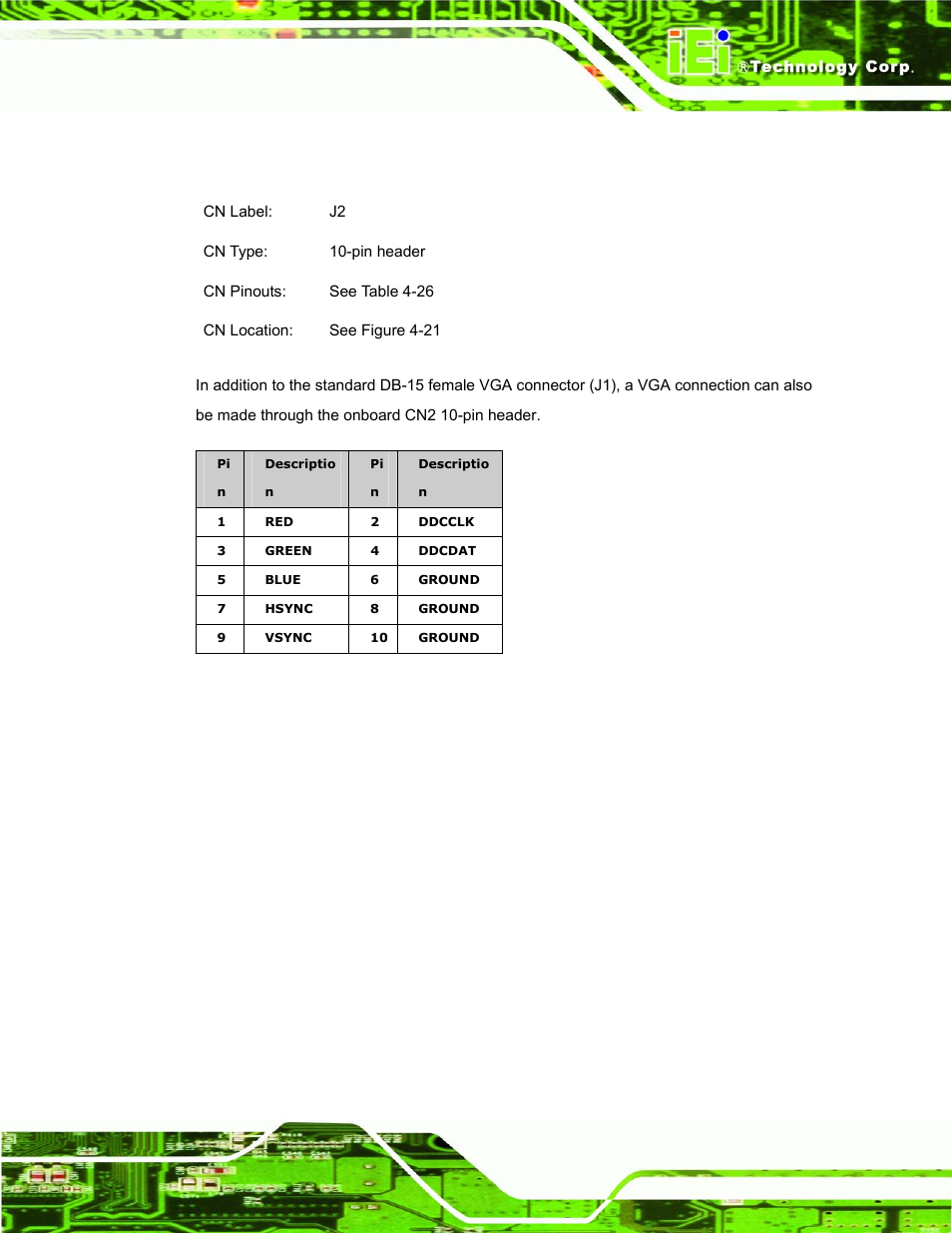 13 vga connector, Table 4-26: vga connector pinouts | IEI Integration DM_Series v1.14 User Manual | Page 101 / 198