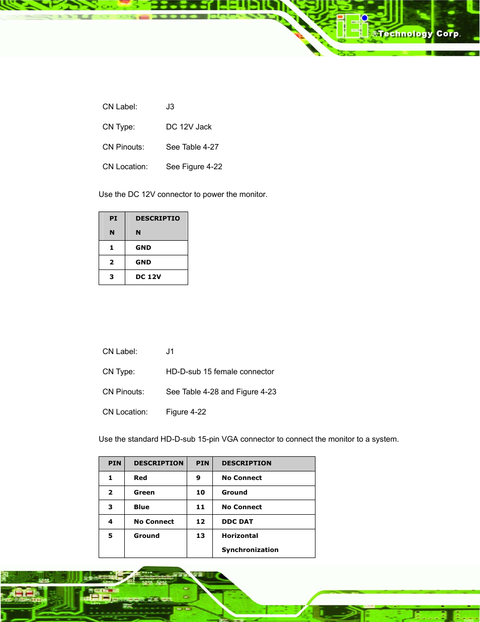 15 dc 12v connector, 16 vga connector, Table 4-27: dc 12v connector pinouts | IEI Integration DM_Series v1.14 User Manual | Page 103 / 198