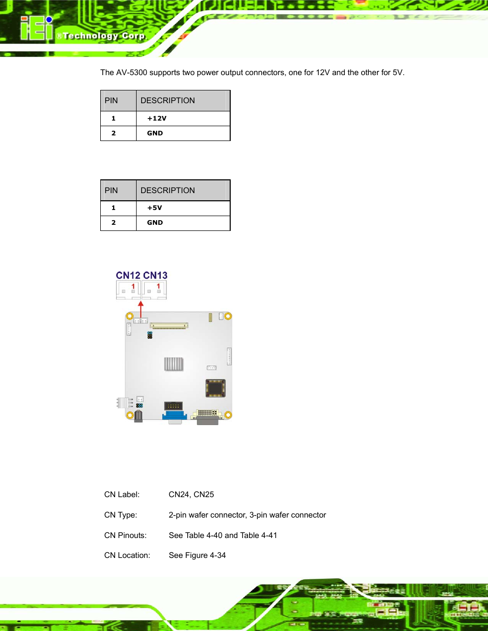 13 power input connector, Figure 4-33: power output connector locations, Table 4-38: power output connector pinouts (cn12) | Table 4-39: power output connector pinouts (cn13), Dm series industrial monitor page 116 | IEI Integration DM_Series v1.14 User Manual | Page 116 / 198