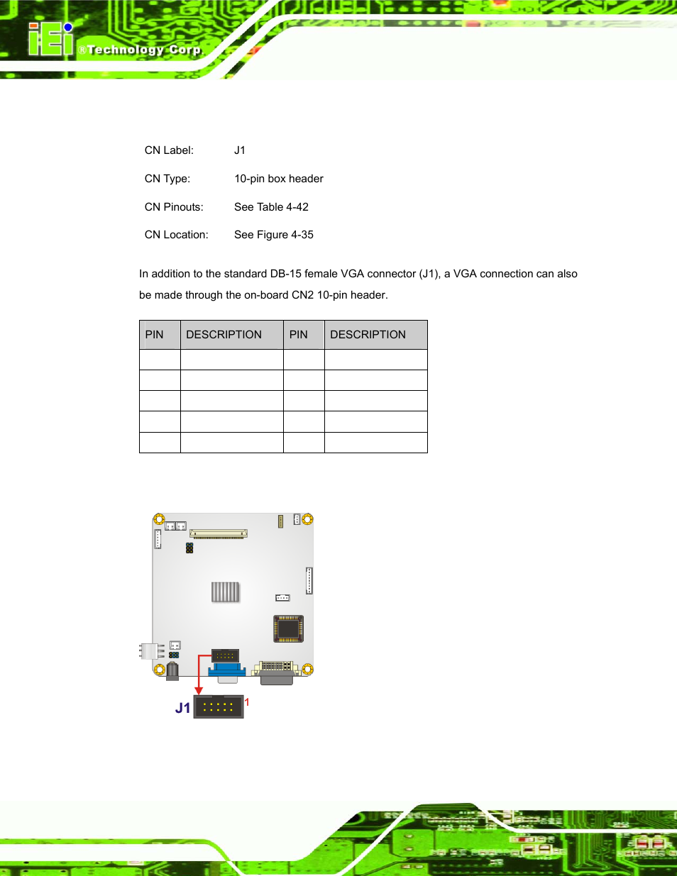 14 vga connector, Figure 4-35: vga connector location, Table 4-42: vga connector pinouts | IEI Integration DM_Series v1.14 User Manual | Page 118 / 198