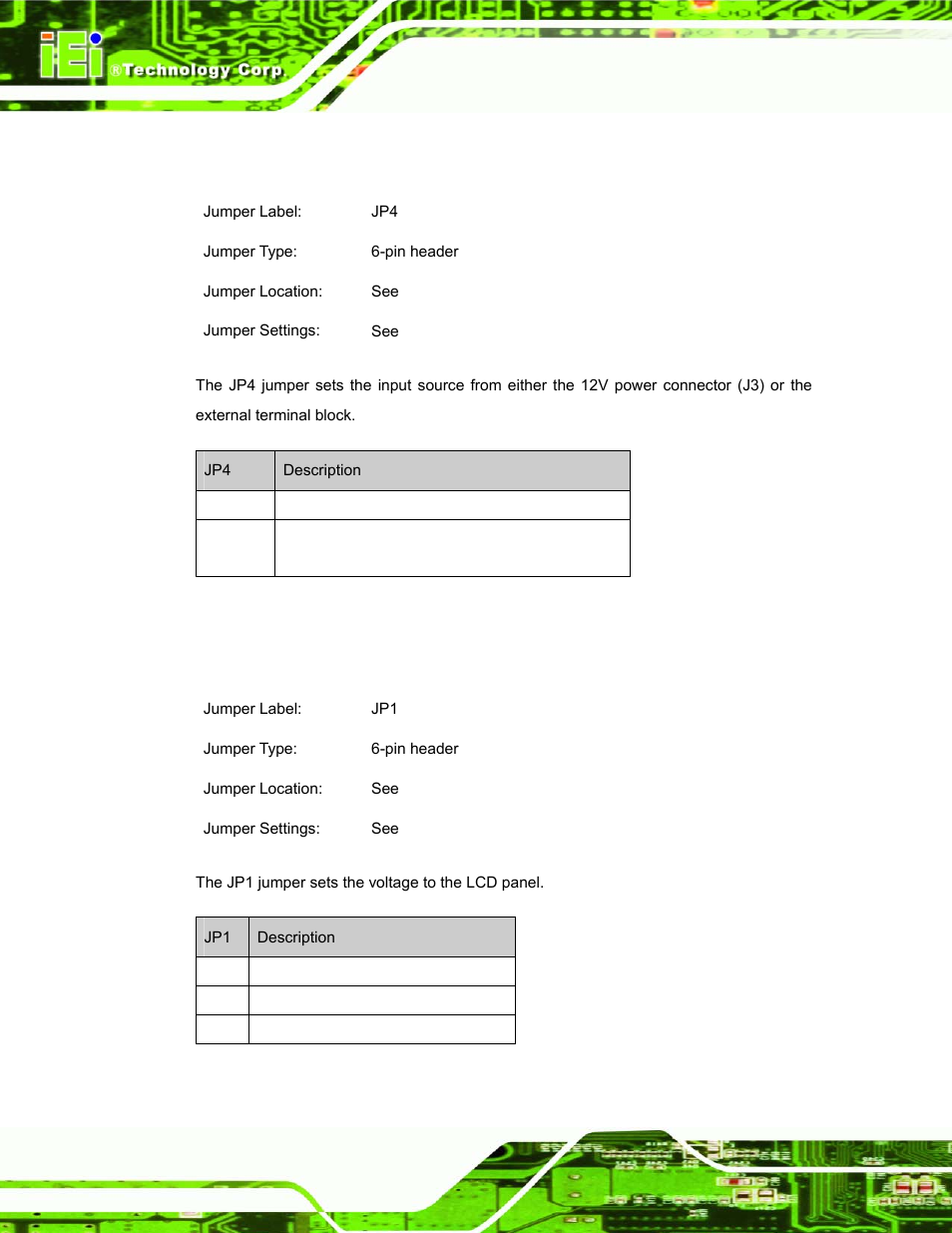 16 lcd panel power input jumper, 17 lcd panel voltage select jumper, Table 4-43: lcd panel power input jumper settings | IEI Integration DM_Series v1.14 User Manual | Page 120 / 198