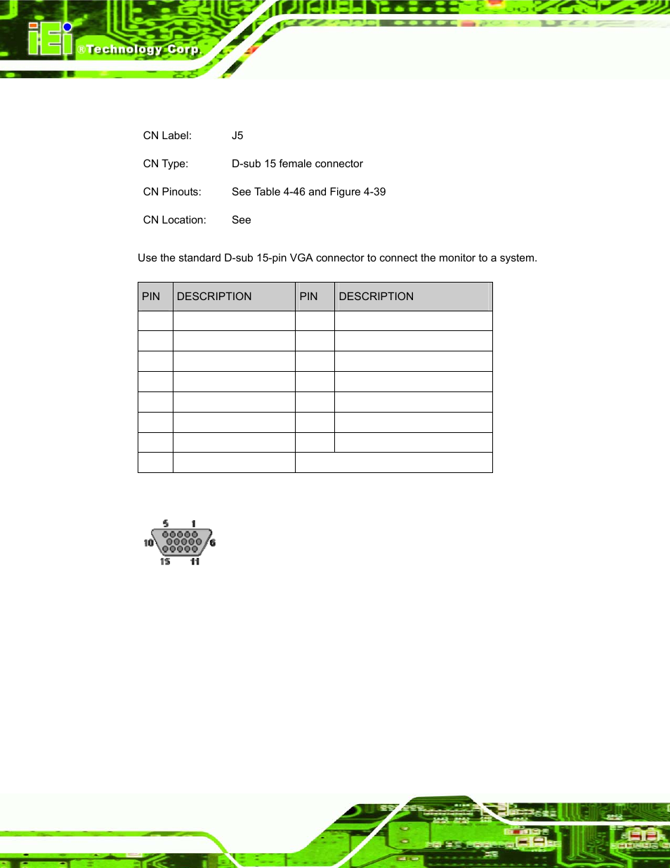 20 vga connector, Figure 4-39: vga connector pinout locations, Table 4-46: vga connector pinouts | IEI Integration DM_Series v1.14 User Manual | Page 122 / 198