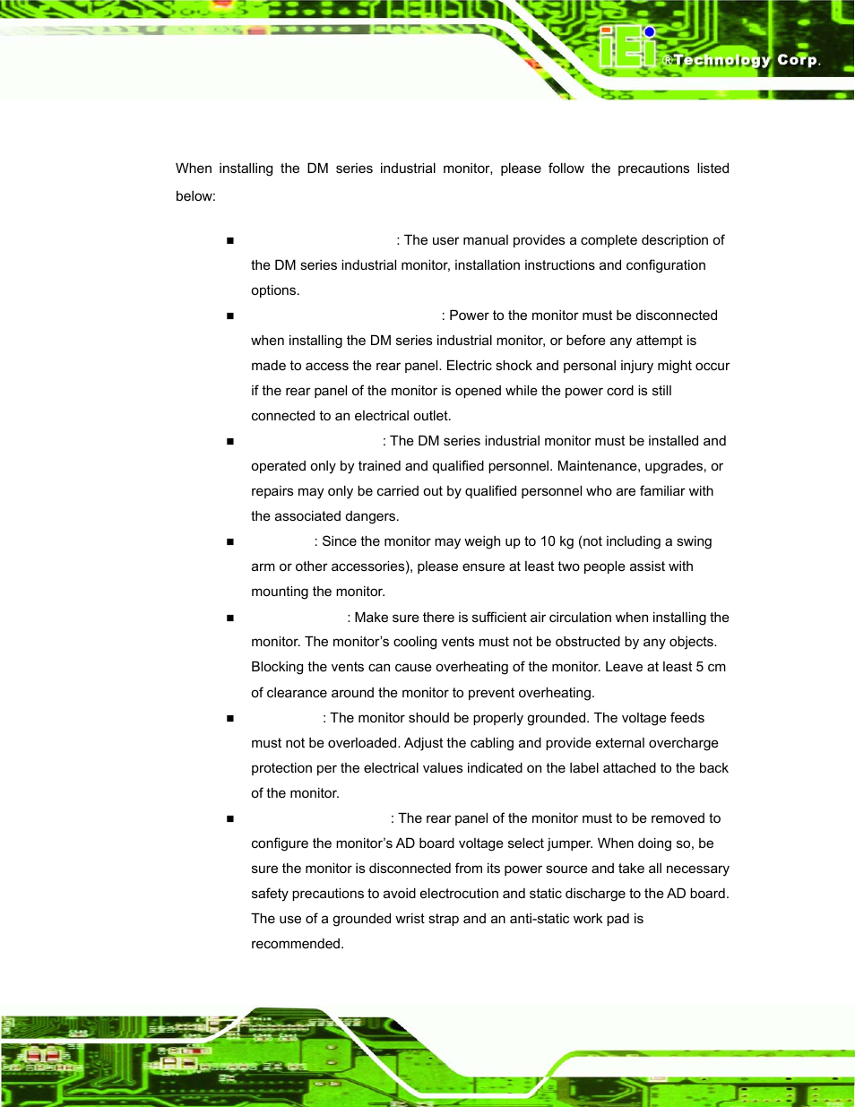 1 installation precautions, Nstallation, Recautions | IEI Integration DM_Series v1.14 User Manual | Page 125 / 198