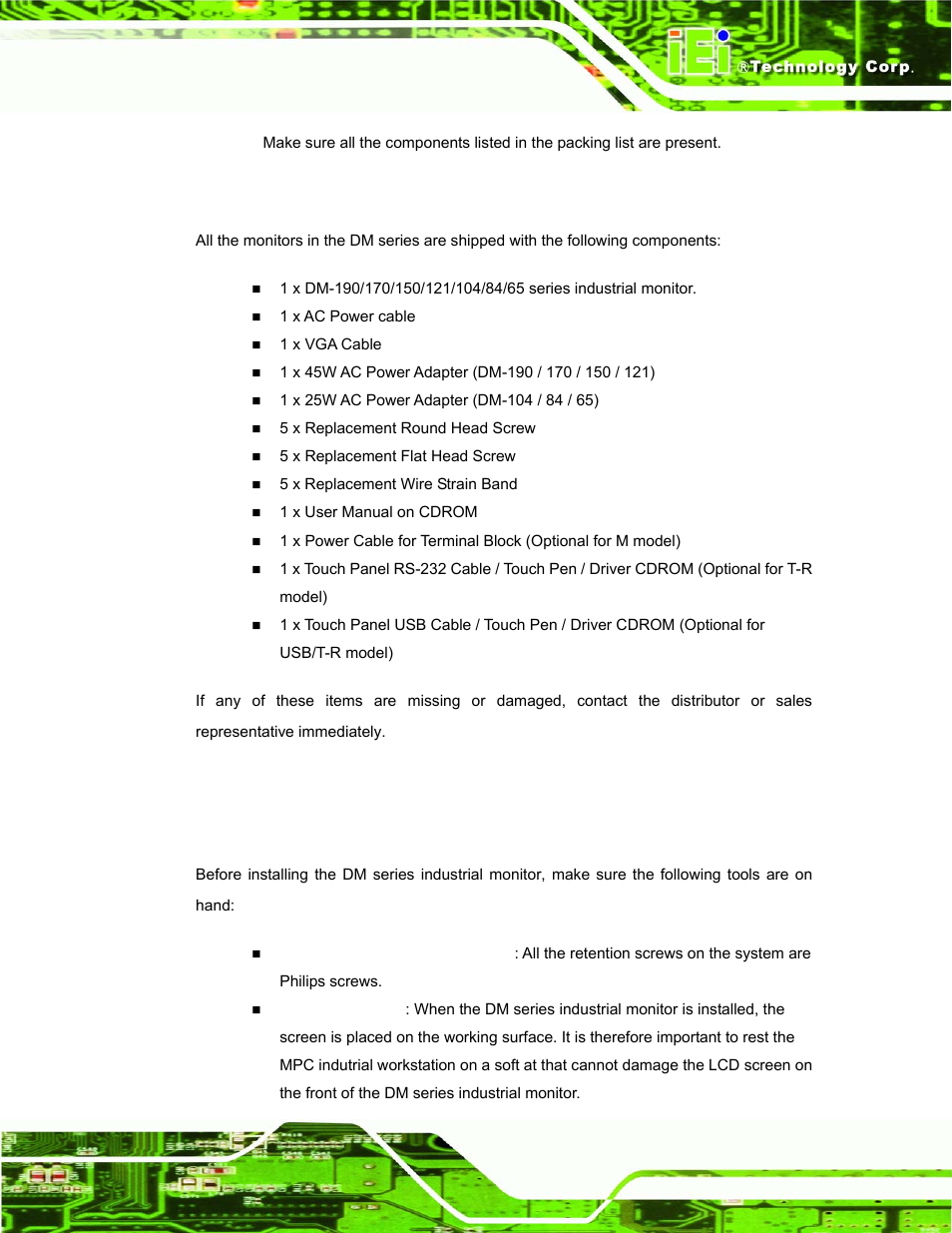 3 packing list, 3 pre-installation preparation, 1 tools | Installation, Reparation, Dm series industrial monitor page 127 | IEI Integration DM_Series v1.14 User Manual | Page 127 / 198