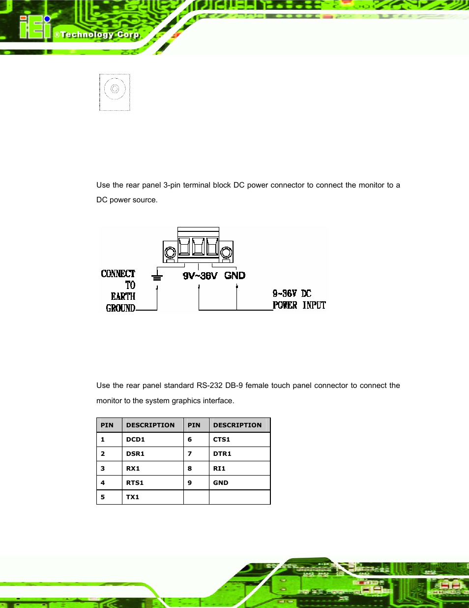 5 optional dc power connector, 6 optional rs-232 touch panel connector, Figure 5-4: 12v power connector | Figure 5-5: dc power connector, Dm series industrial monitor page 132 | IEI Integration DM_Series v1.14 User Manual | Page 132 / 198