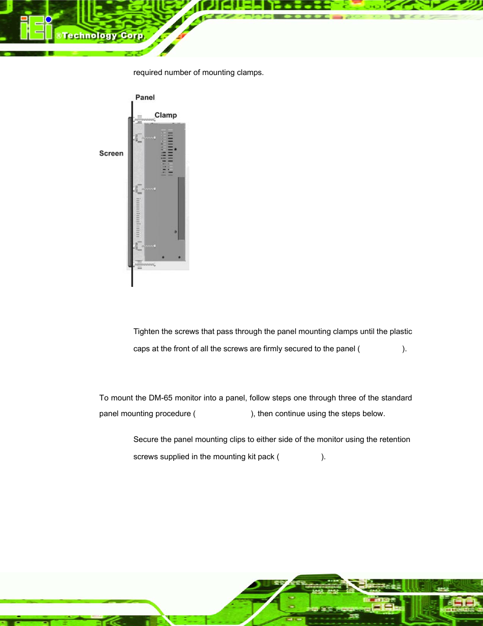 2 dm-65 panel mounting, Figure 5-10: panel mounting clamp position, Section 5.5.1.2 for details | IEI Integration DM_Series v1.14 User Manual | Page 136 / 198