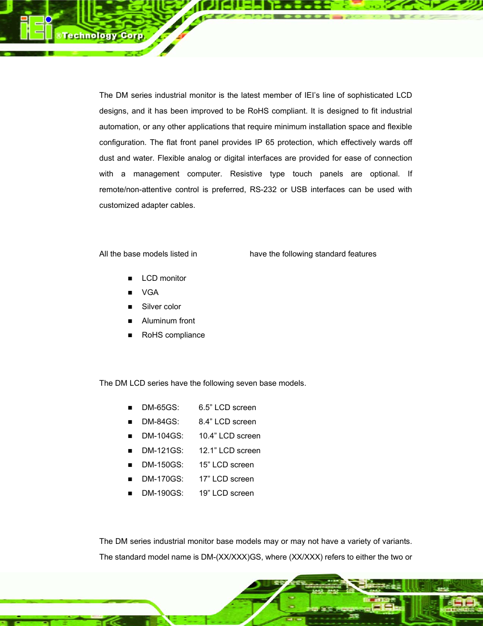 1 dm series industrial monitor overview, 1 standard features, 2 model variations | 3 base model variants, Eries, Ndustrial, Onitor, Verview, Dm series industrial monitor page 22 | IEI Integration DM_Series v1.14 User Manual | Page 22 / 198