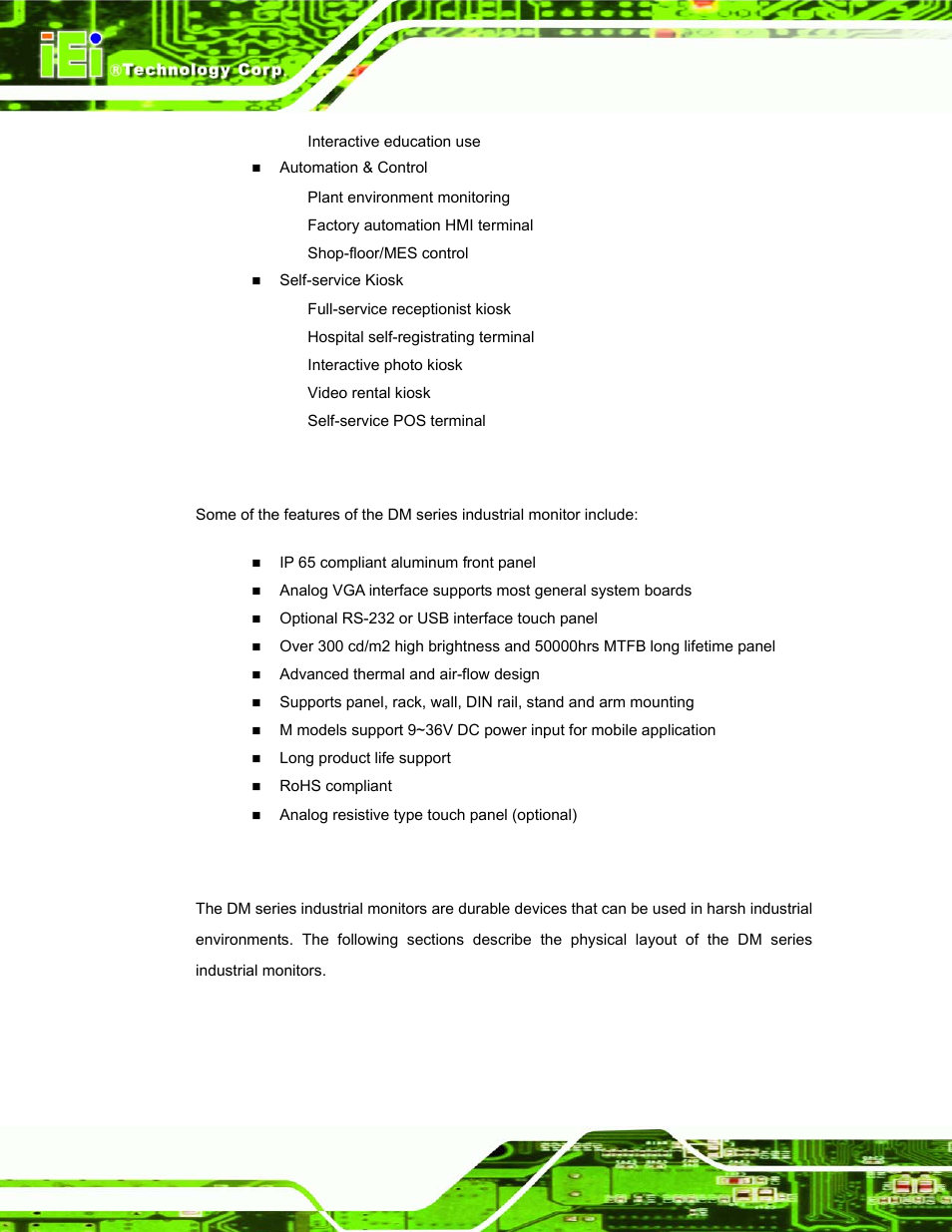 2 dm series industrial monitor features, 3 external overview, Xternal | Verview | IEI Integration DM_Series v1.14 User Manual | Page 24 / 198