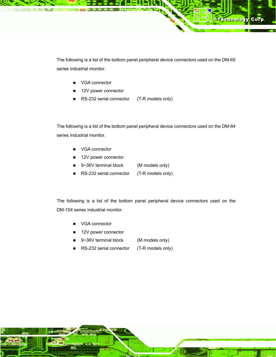 2 dm-65 connectors, 3 dm-84 connectors, 4 dm-104 connectors | IEI Integration DM_Series v1.14 User Manual | Page 37 / 198
