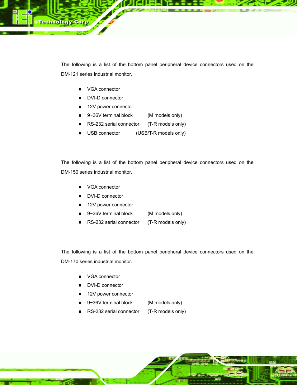 5 dm-121 connectors, 6 dm-150 connectors, 7 dm-170 connectors | IEI Integration DM_Series v1.14 User Manual | Page 38 / 198