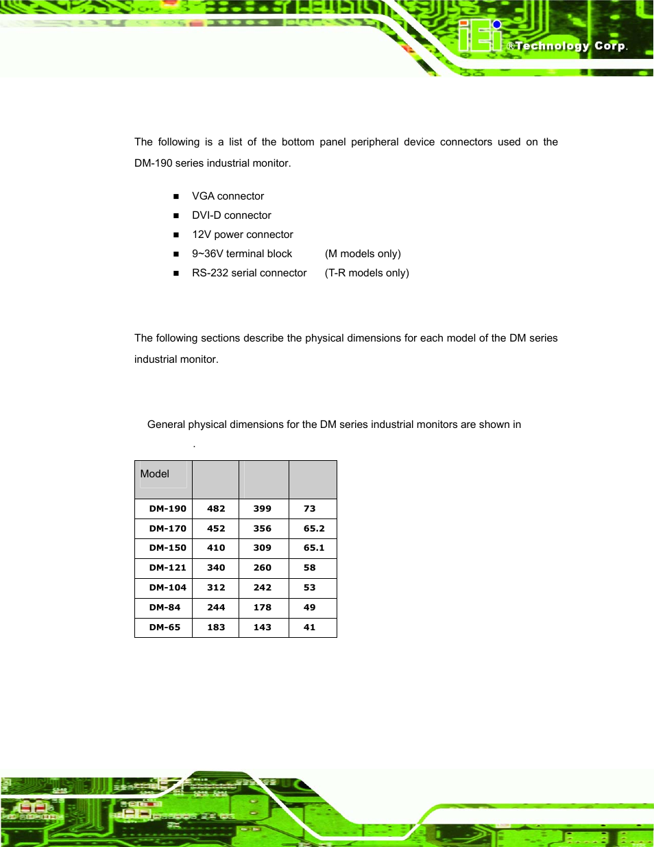 8 dm-190 connectors, 4 physical dimensions, 1 general physical dimensions | Hysical, Imensions, Table 2-2: general physical dimensions | IEI Integration DM_Series v1.14 User Manual | Page 39 / 198