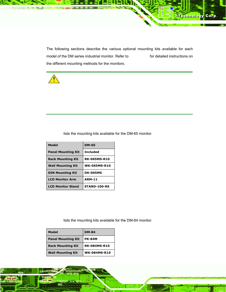 5 optional mounting kits, 1 dm-65 mounting kits, 2 dm-84 mounting kits | Ptional, Ounting, Table 2-3: dm-65 mounting kits, Dm series industrial monitor page 47 | IEI Integration DM_Series v1.14 User Manual | Page 47 / 198