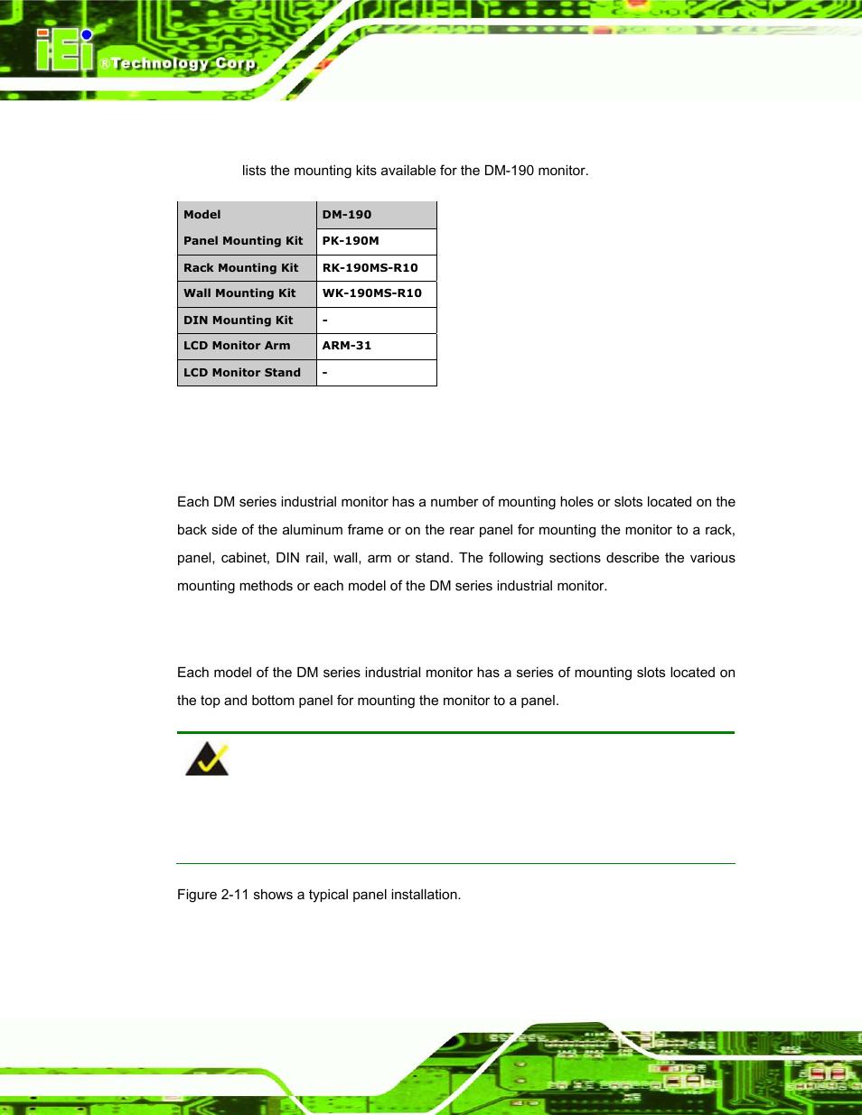 7 dm-190 mounting kits, 6 mounting options, 1 panel mounting | Ounting, Ptions, Table 2-9: dm-190 mounting kits | IEI Integration DM_Series v1.14 User Manual | Page 50 / 198