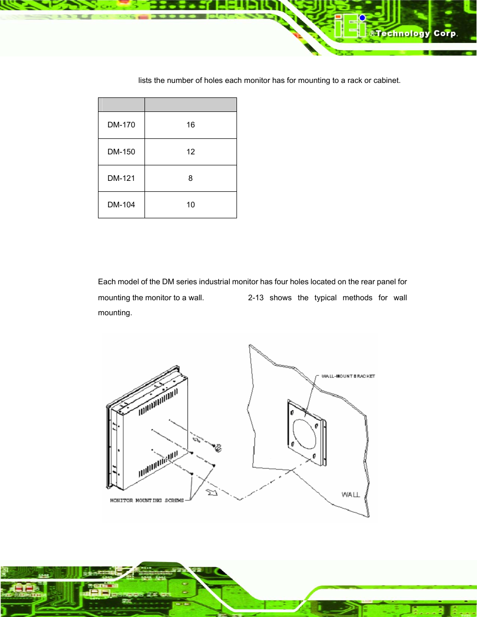 3 wall mounting, Figure 2-13: typical wall mounting, Table 2-11: rack mounting clamps | IEI Integration DM_Series v1.14 User Manual | Page 53 / 198