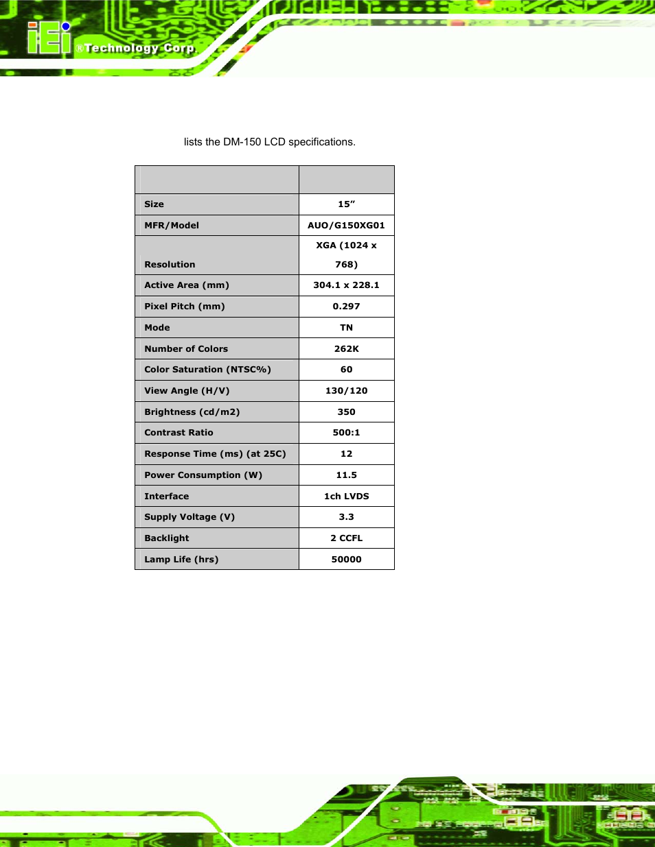 4 dm-150 lcd specifications, Table 3-3: dm-150 lcd specifications | IEI Integration DM_Series v1.14 User Manual | Page 60 / 198