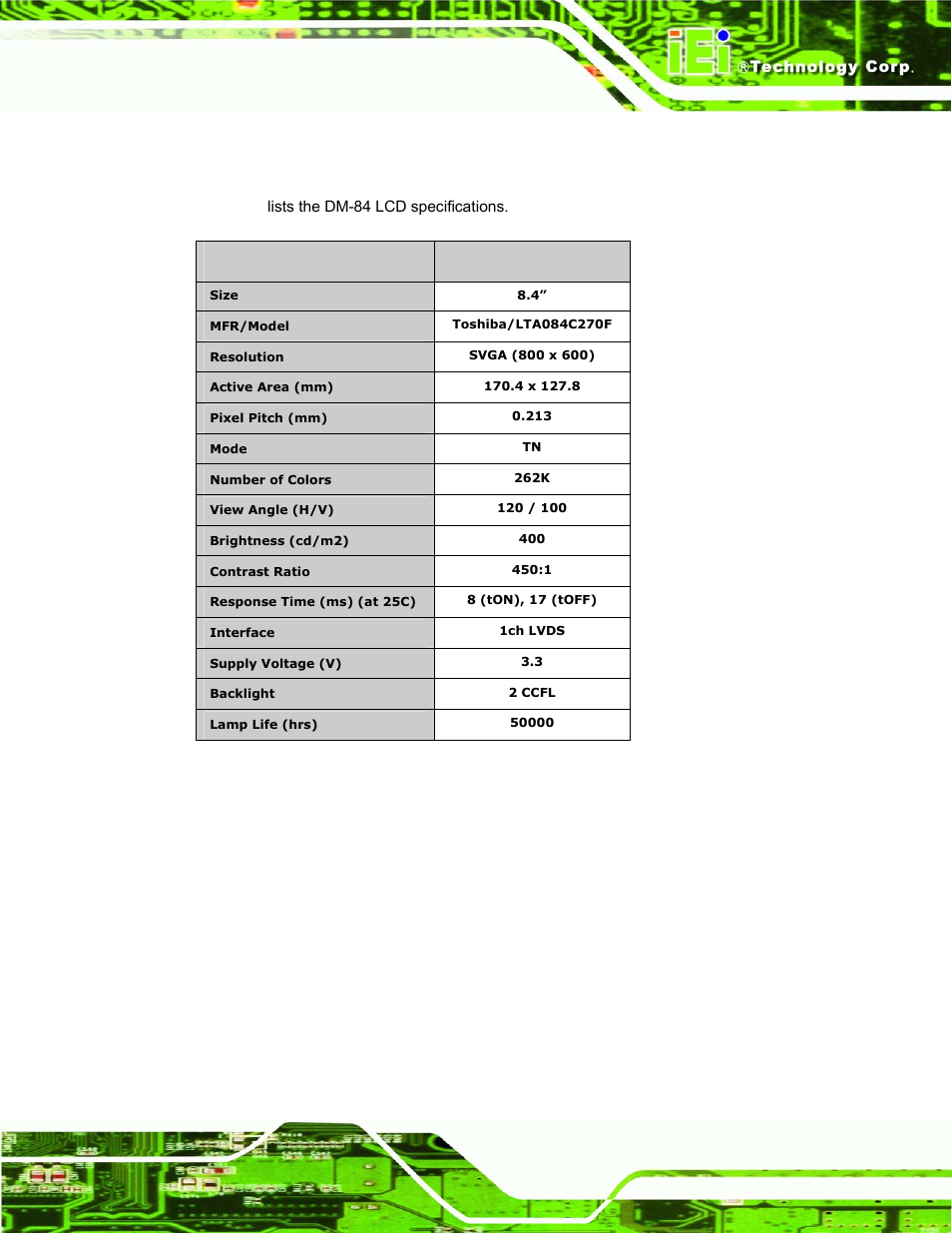 7 dm-84 lcd specifications, Table 3-6: dm-84 lcd specifications | IEI Integration DM_Series v1.14 User Manual | Page 63 / 198