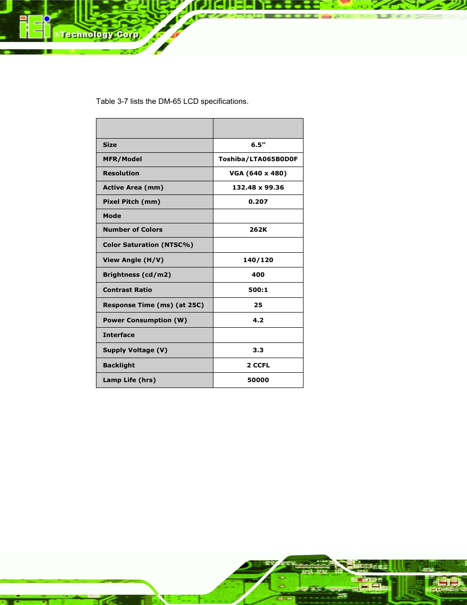 8 dm-65 lcd specifications, Table 3-7: dm-65 lcd specifications | IEI Integration DM_Series v1.14 User Manual | Page 64 / 198