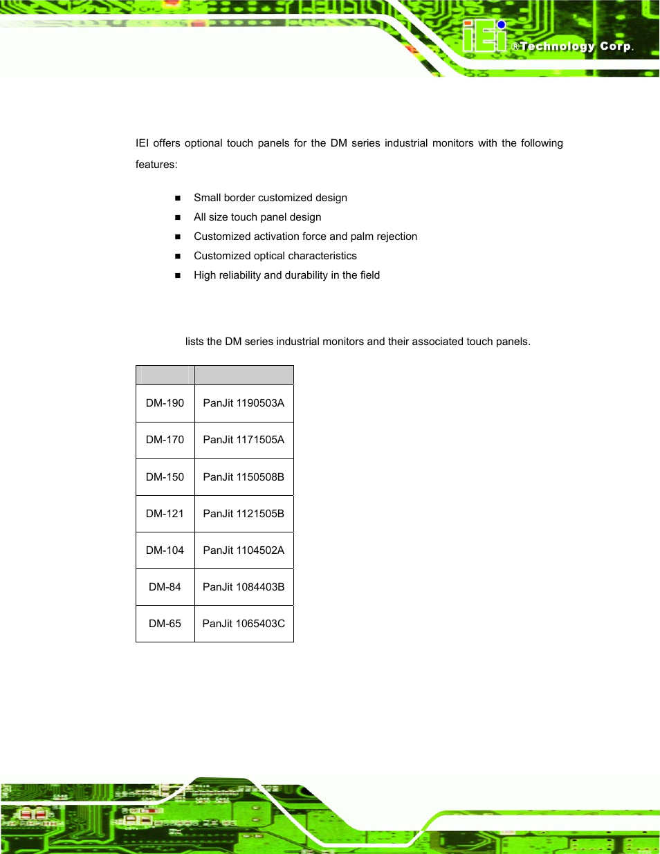2 optional touch panels, 1 touch panel models, Ptional | Ouch, Anels, Table 3-8: touch panel models | IEI Integration DM_Series v1.14 User Manual | Page 65 / 198