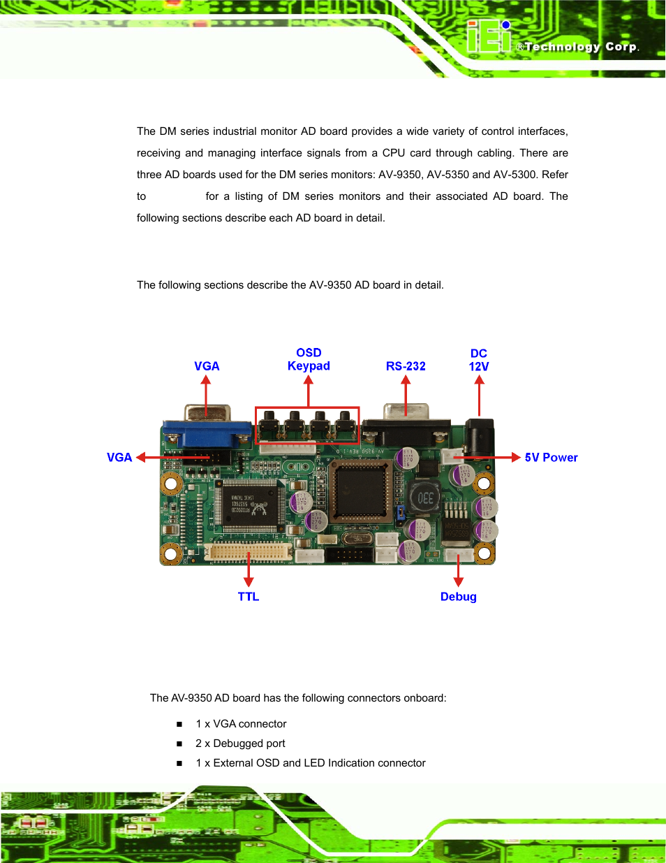 1 ad board overview, 2 av-9350 ad board, 1 av-9350 ad board overview | 2 av-9350 ad board connectors, Oard, Verview, Av-9350, Figure 4-1: av-9350 ad board overview | IEI Integration DM_Series v1.14 User Manual | Page 73 / 198