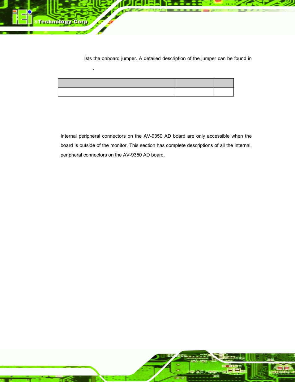 6 av-9350 onboard jumper, 7 av-9350 internal peripheral connectors, Table 4-3: av-9350 onboard jumper | IEI Integration DM_Series v1.14 User Manual | Page 76 / 198