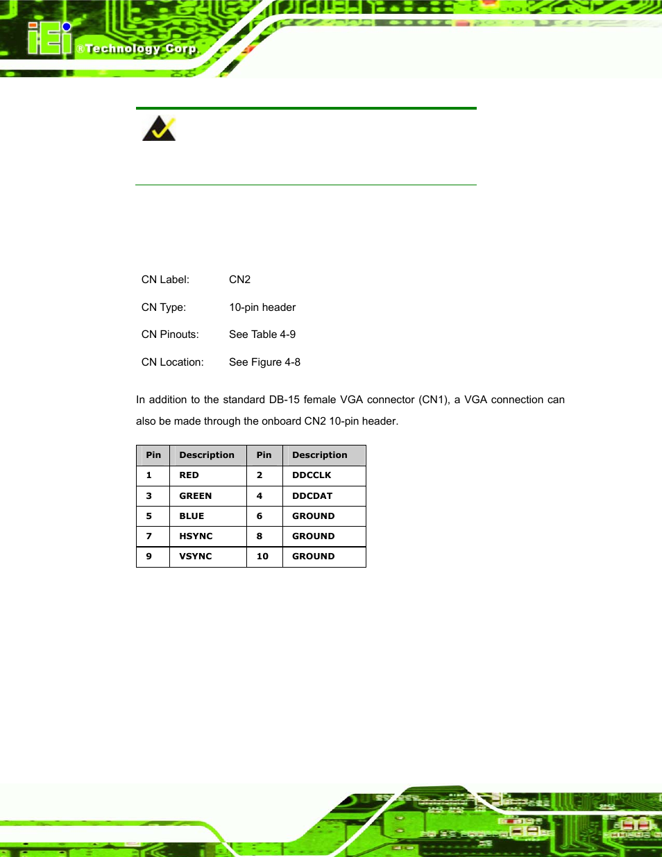 13 vga connector, Table 4-9: vga connector pinouts | IEI Integration DM_Series v1.14 User Manual | Page 84 / 198