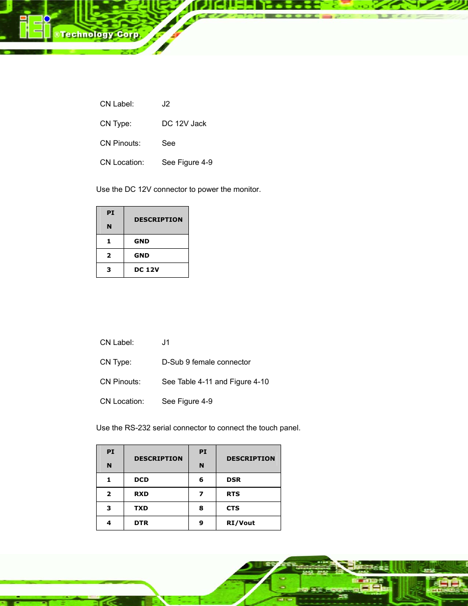 15 dc 12v connector, 16 rs232 serial connector, Table 4-10: dc 12v connector pinouts | IEI Integration DM_Series v1.14 User Manual | Page 86 / 198