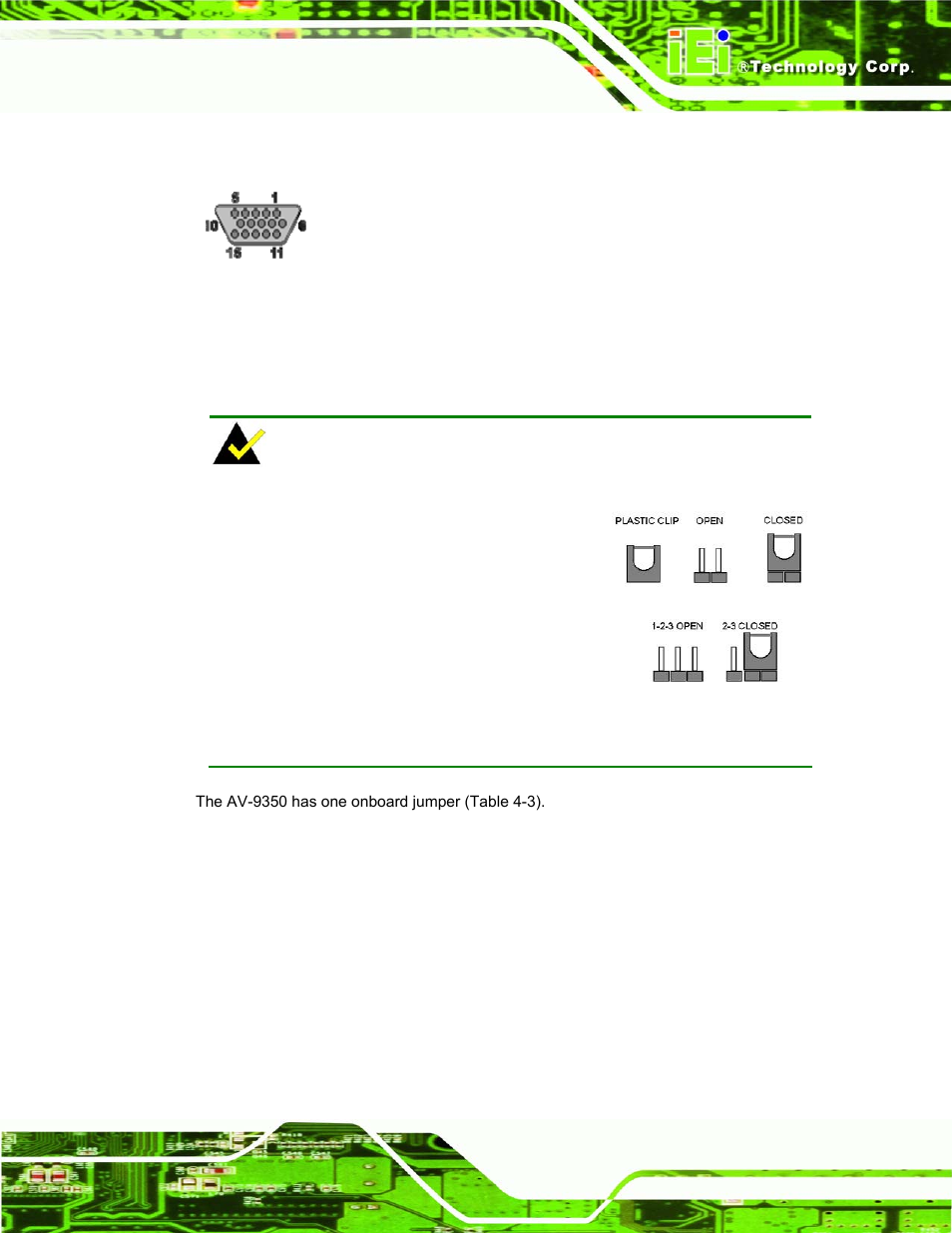 19 av-9350 onboard jumper, Figure 4-11: vga connector pinout locations, Figure 4-12: jumpers | Table 4-16: vga connector pinouts | IEI Integration DM_Series v1.14 User Manual | Page 89 / 198