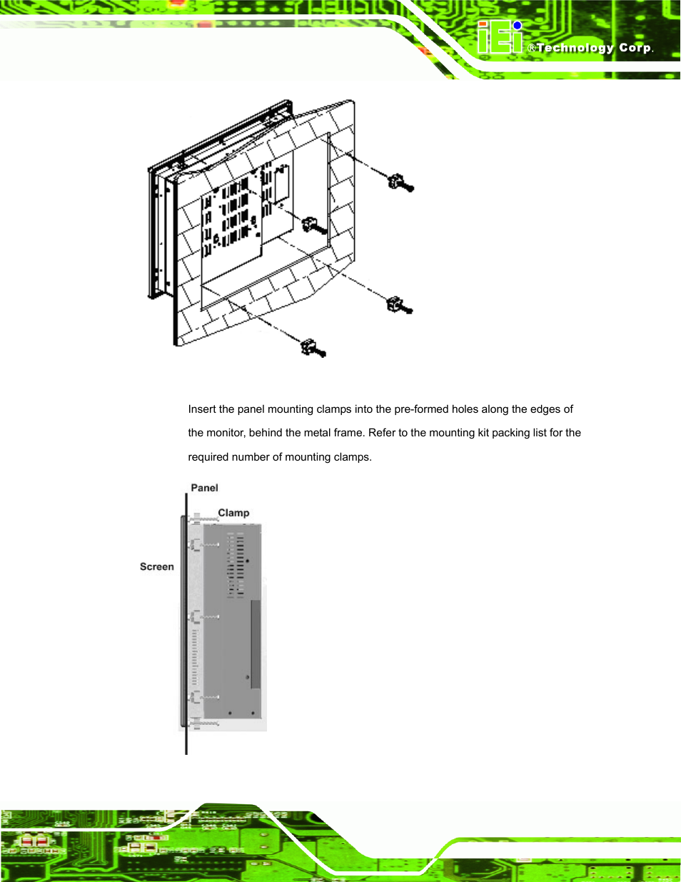 Figure 5-14: insert the monitor, Figure 5-15: panel mounting clamp position | IEI Integration DM_Series v2.04 User Manual | Page 73 / 128