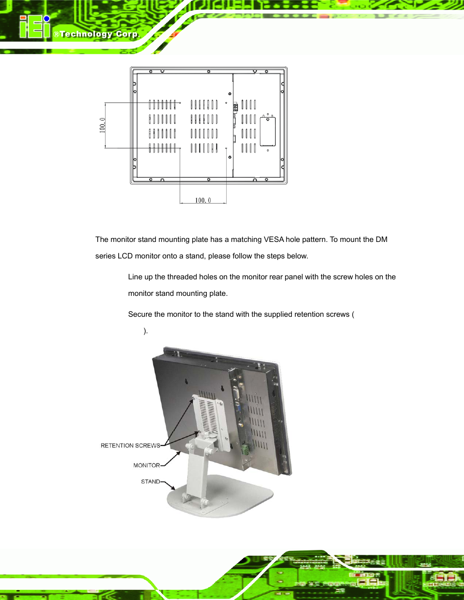Figure 5-30: vesa mounting holes, Figure 5-31: monitor stand mounting | IEI Integration DM_Series v2.04 User Manual | Page 86 / 128