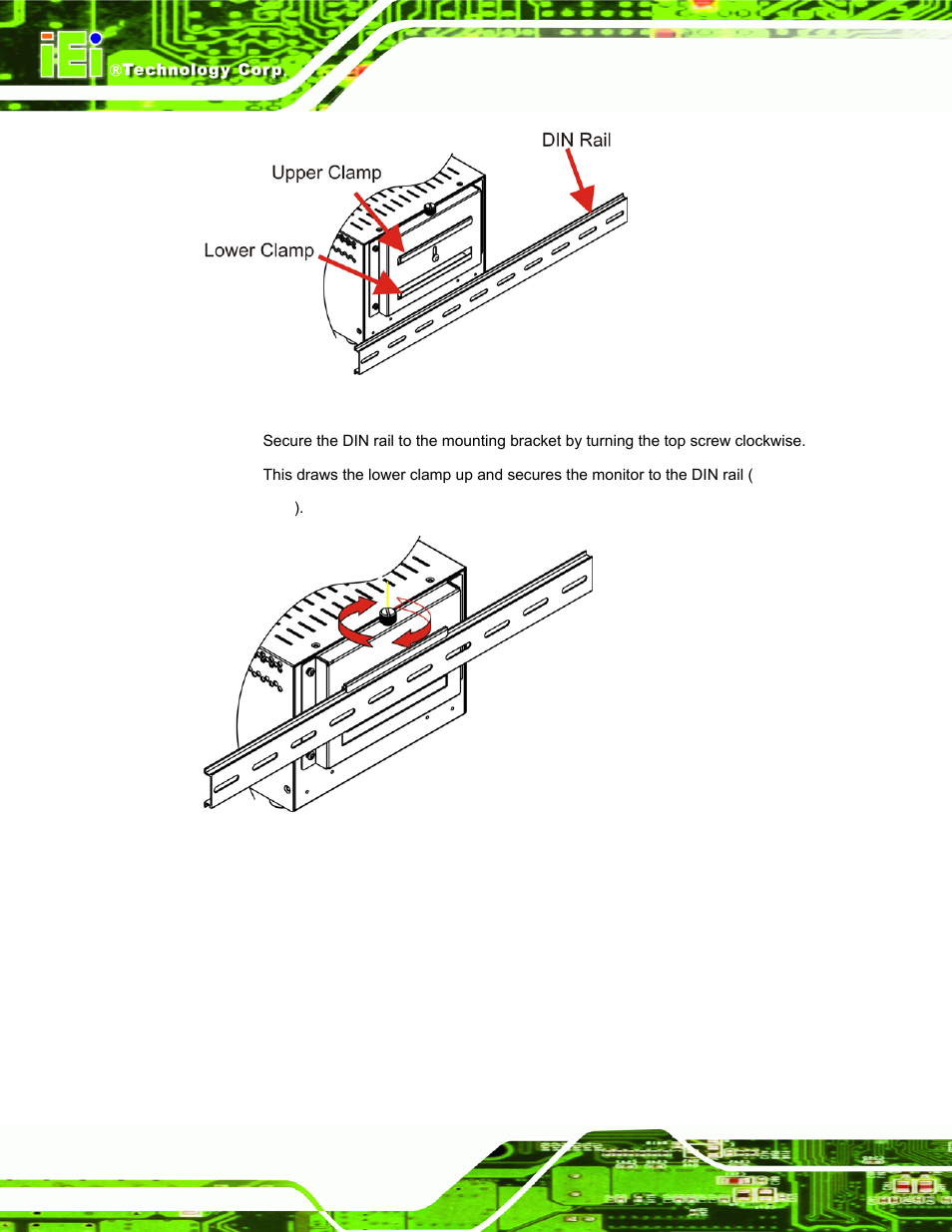 Figure 5-25: mounting the din rail, Figure 5-26: secure the assembly to the din rail | IEI Integration DM_Series v2.05 User Manual | Page 82 / 128