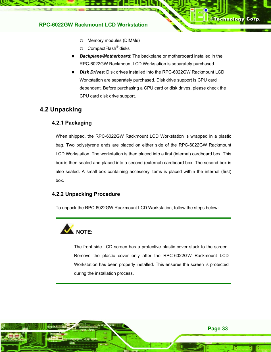 Unpacking, Packaging, Unpacking procedure | Npacking, 1 packaging 4.2.2 unpacking procedure, 2 unpacking | IEI Integration RPC-6022G User Manual | Page 33 / 107