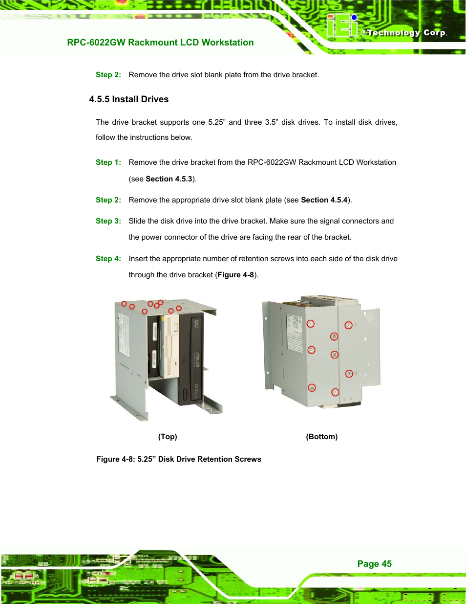 Install drives, 5 install drives, Figure 4-8: 5.25” disk drive retention screws | IEI Integration RPC-6022G User Manual | Page 45 / 107