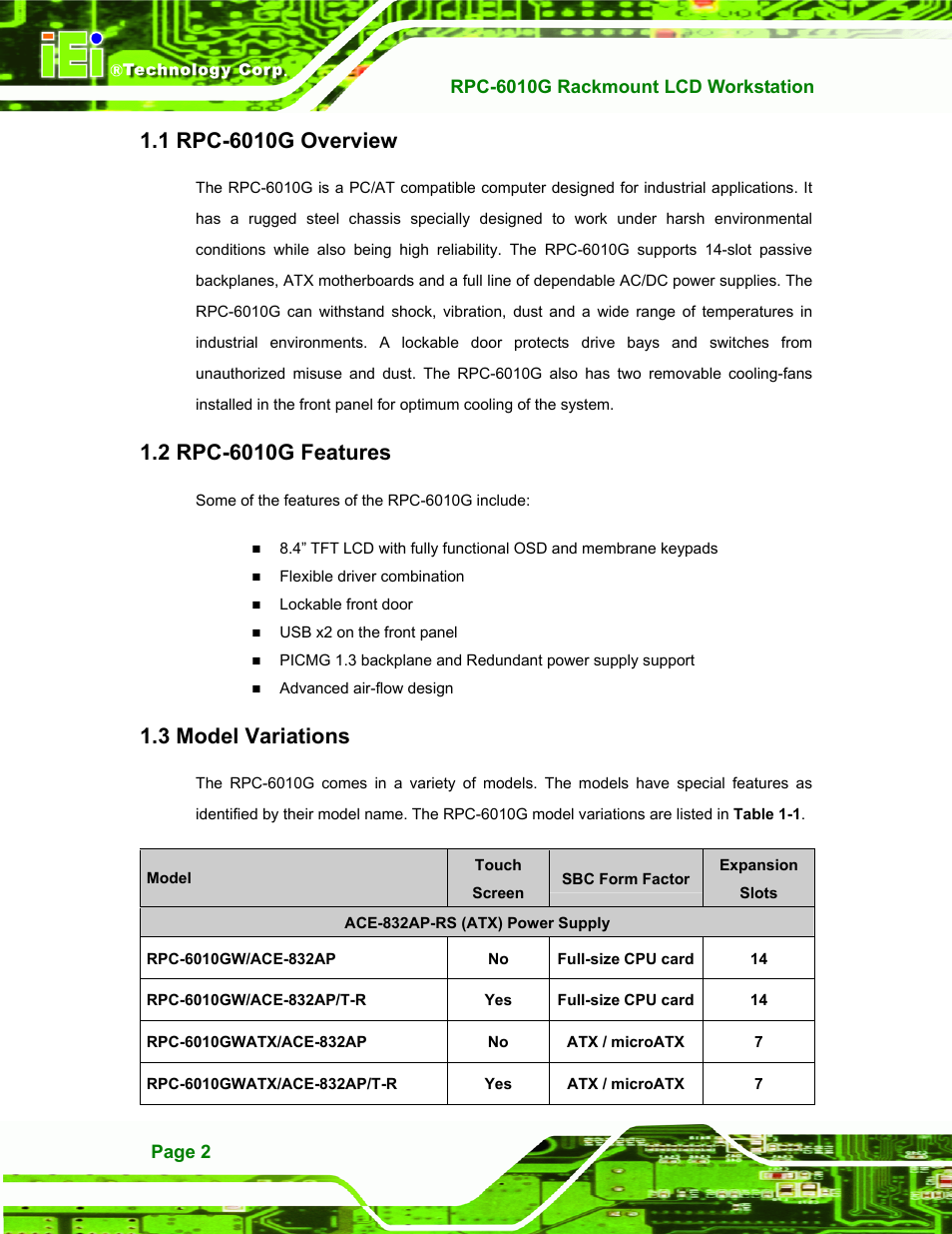 Rpc-6010g overview, Rpc-6010g features, Model variations | 1 rpc-6010g o, Verview, 2 rpc-6010g f, Eatures, Odel, Ariations, 3 model variations | IEI Integration RPC-6010G User Manual | Page 12 / 99