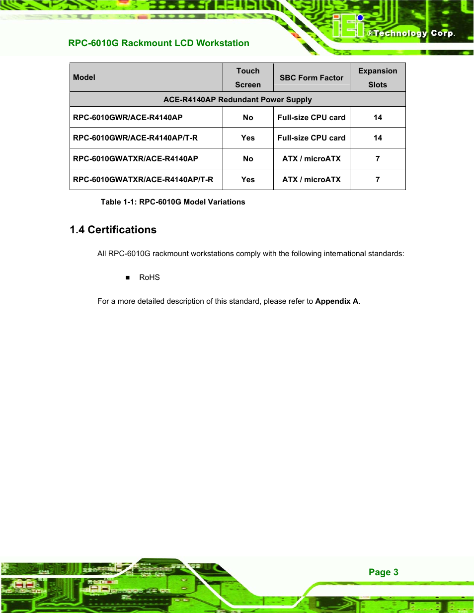 Certifications, Ertifications, Table 1-1: rpc-6010g model variations | 4 certifications | IEI Integration RPC-6010G User Manual | Page 13 / 99