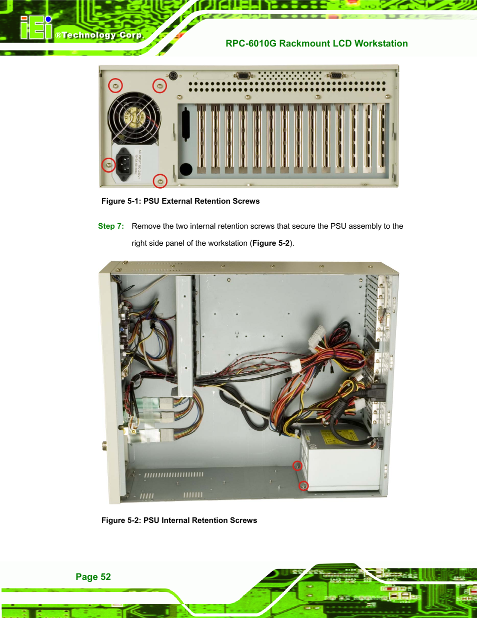Figure 5-1: psu external retention screws, Figure 5-2: psu internal retention screws | IEI Integration RPC-6010G User Manual | Page 62 / 99