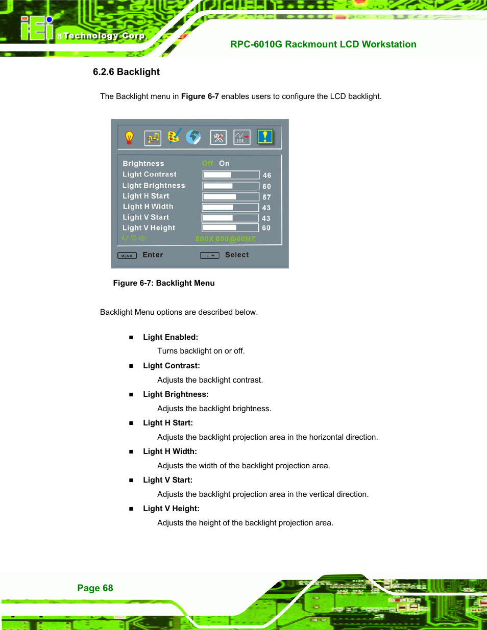 Backlight, 6 backlight, Figure 6-7: backlight menu | IEI Integration RPC-6010G User Manual | Page 78 / 99