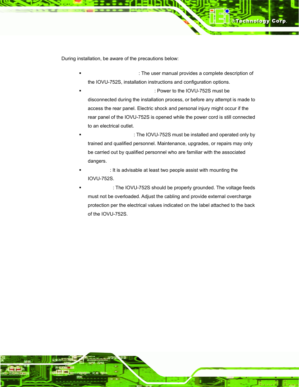 1 installation precautions, Nstallation, Recautions | IEI Integration IOVU-752S User Manual | Page 20 / 48