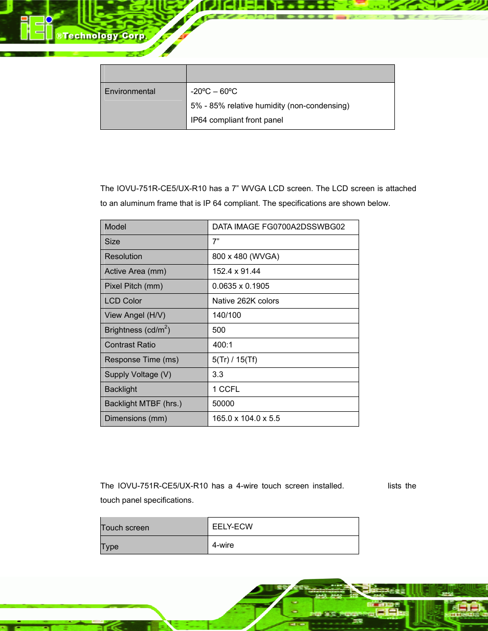 3 lcd specifications, 4 touch panel specifications | IEI Integration IOVU-751R User Manual | Page 21 / 58