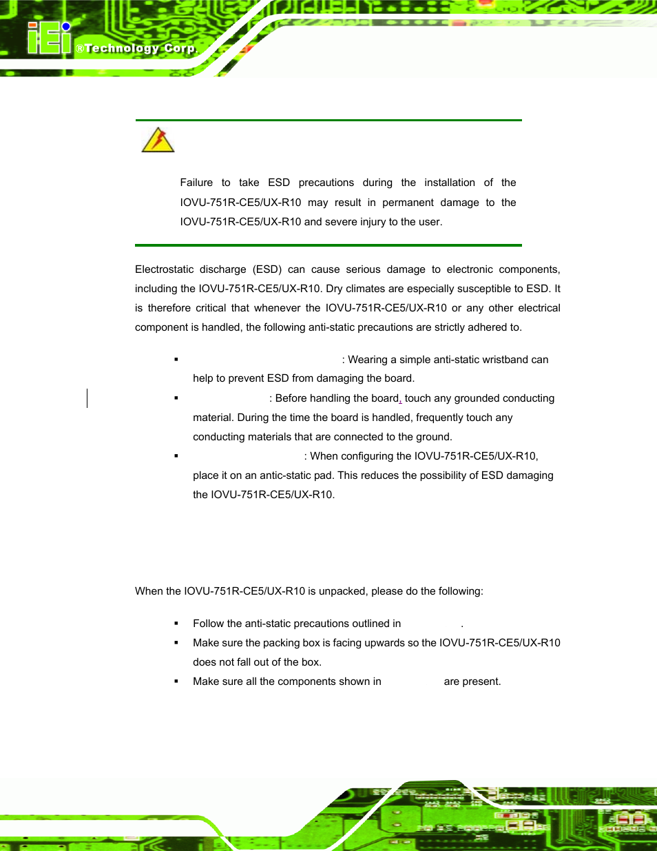 1 anti-static precautions, 2 unpacking, 1 unpacking precautions | IEI Integration IOVU-751R User Manual | Page 25 / 58