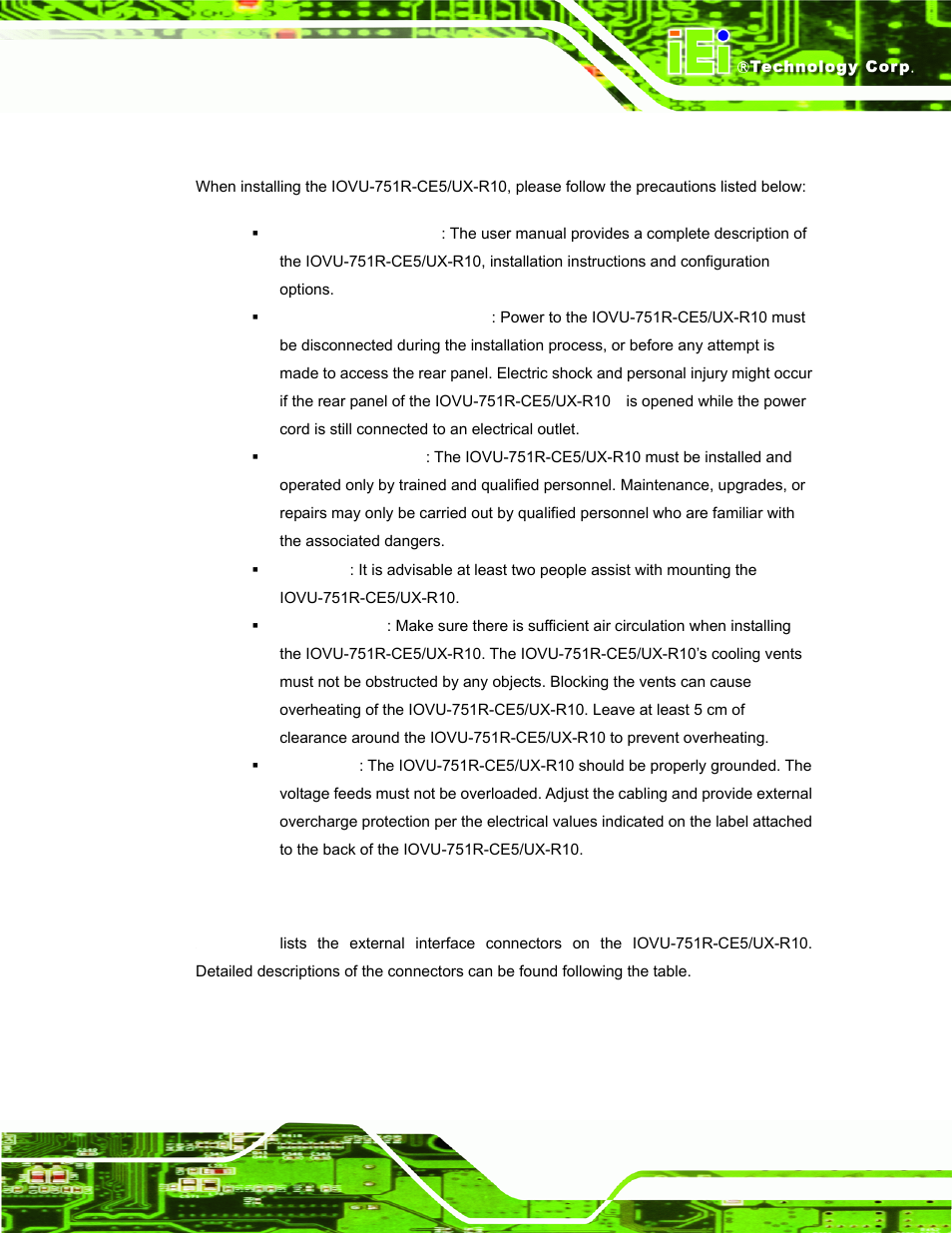 1 installation precautions, 2 external peripheral interface connectors | IEI Integration IOVU-751R User Manual | Page 30 / 58
