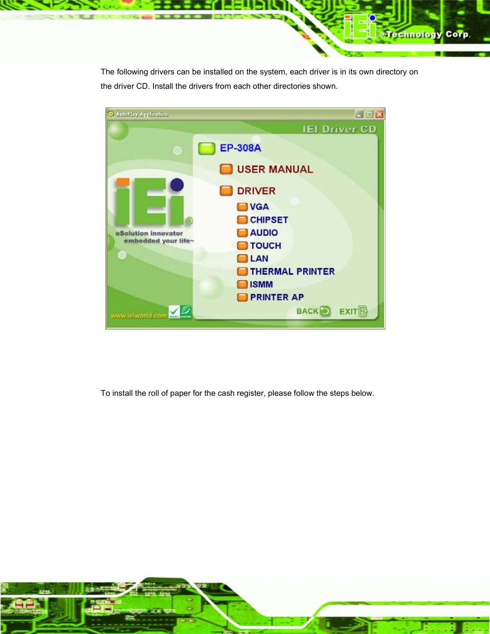 8 printer paper installation, Rinter, Aper | Nstallation, Figure 2-9: available drivers | IEI Integration EP-308A v1.12 User Manual | Page 27 / 102