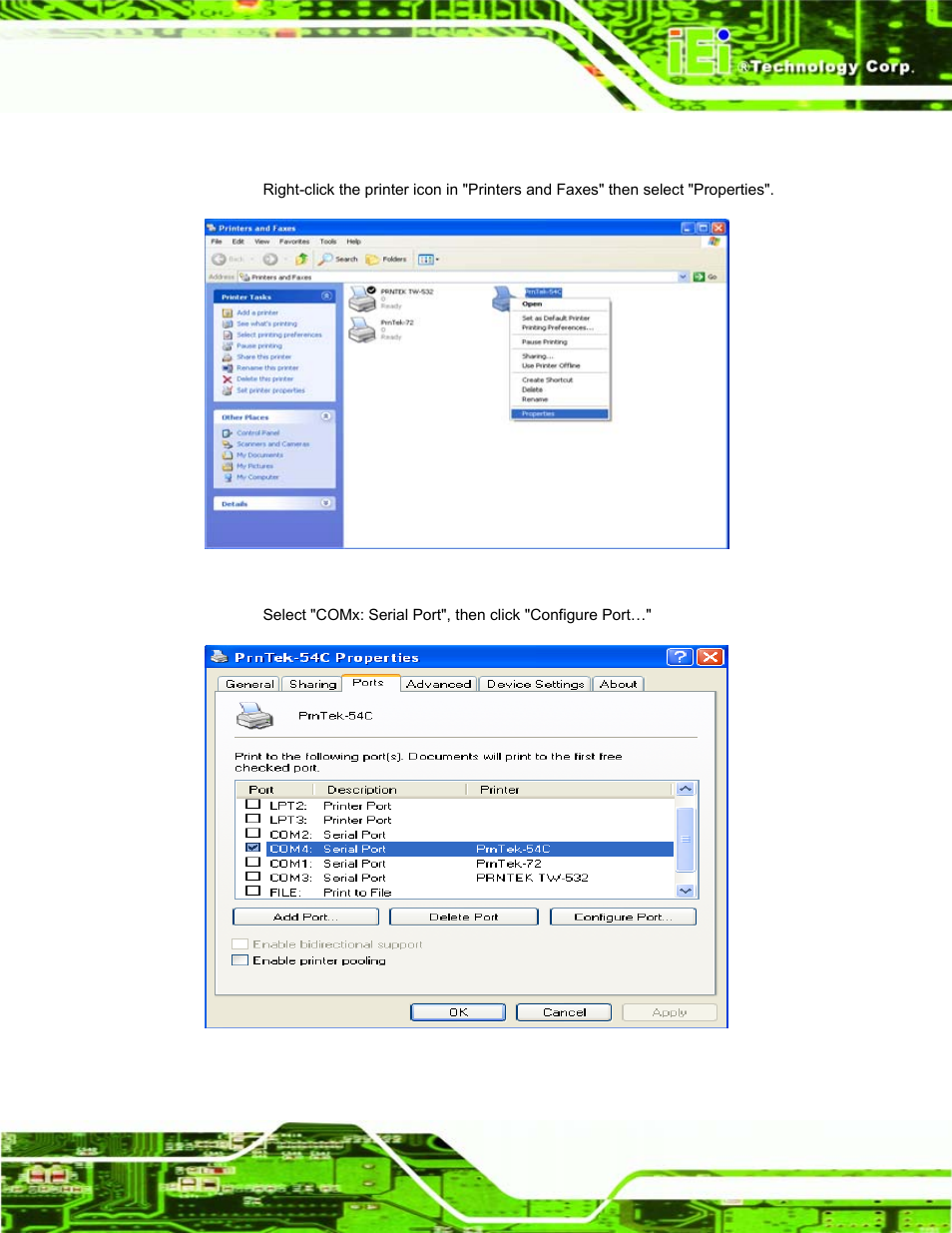 4 setting the communication protocol, Figure 2-23: printer properties, Figure 2-24: configure printer port | IEI Integration EP-308A v1.12 User Manual | Page 35 / 102