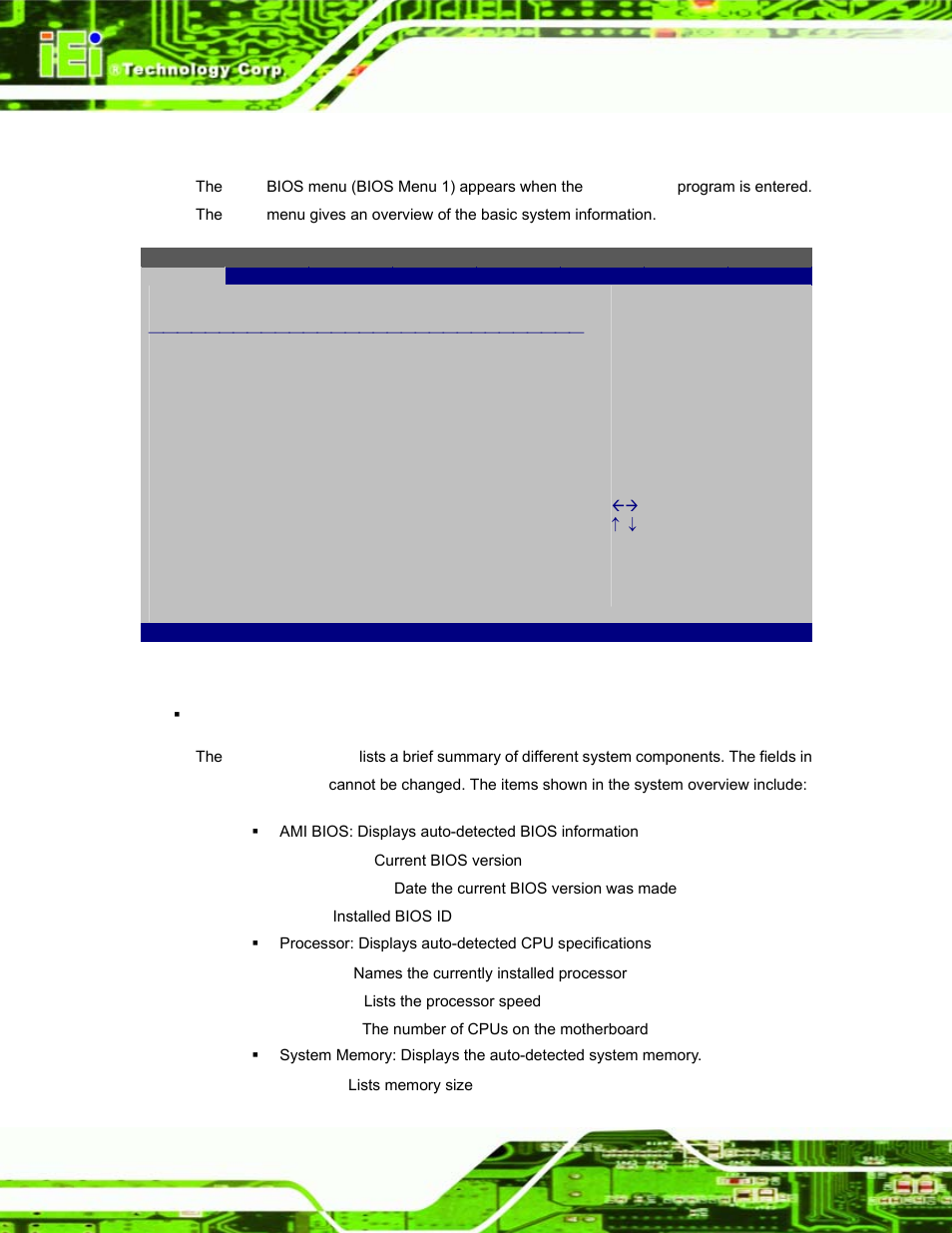 2 main, Bios menu 1: main | IEI Integration EP-308A v1.12 User Manual | Page 40 / 102