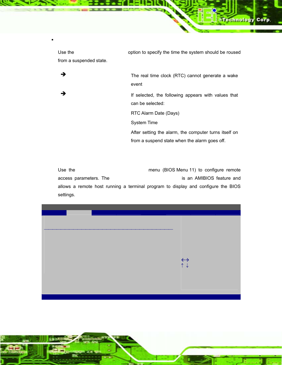 6 remote access configuration, Bios menu 11: remote access configuration | IEI Integration EP-308A v1.12 User Manual | Page 57 / 102