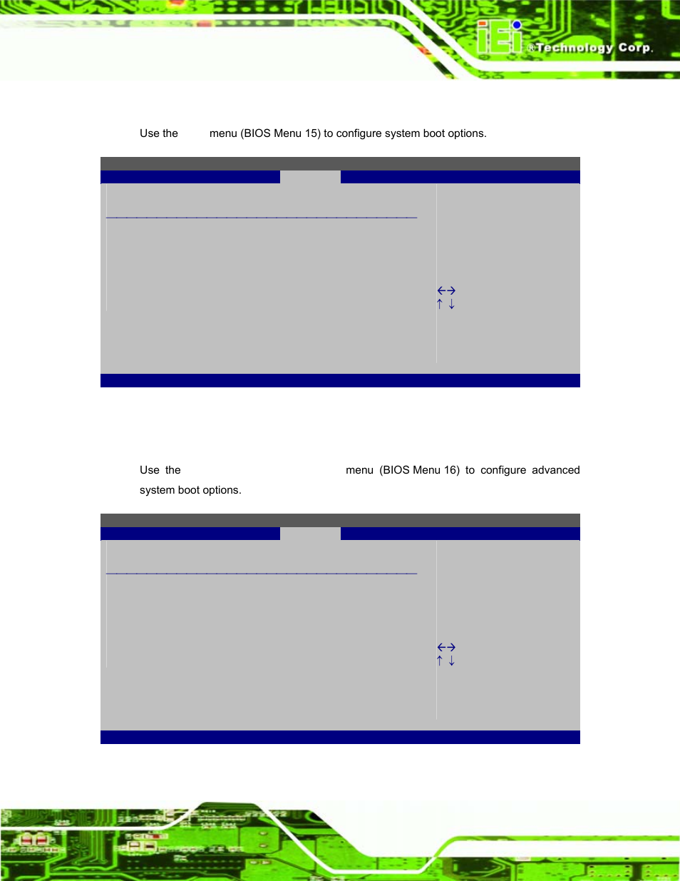 5 boot, 1 boot settings configuration, Bios menu 15: boot | Bios menu 16: boot settings configuration | IEI Integration EP-308A v1.12 User Manual | Page 67 / 102